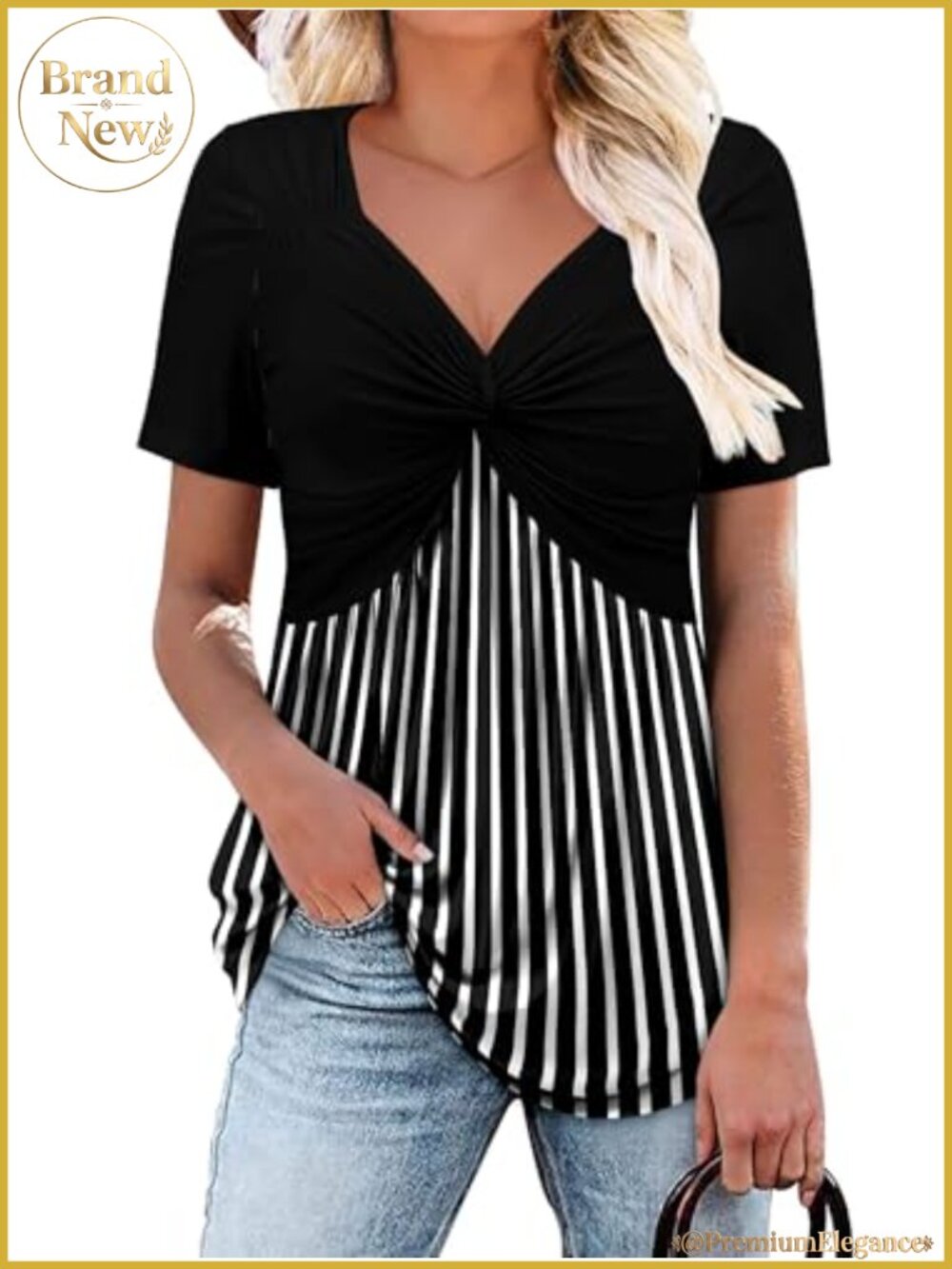 Women's V-Neck Knotted Short Sleeve Top Tunic Shirt